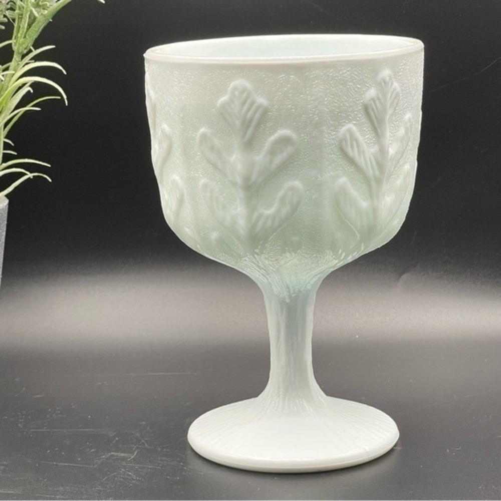 Vintage FTD 1975 White Milk Glass Oak Leaf Pedestal Goblet Vase Compote 6.5"